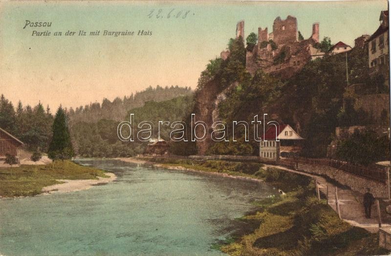 Passau, Partie an der Ilz mit Burgruine Hals, Passau, Folyópart, várrom, Passau, Riverside, Hals castle ruins