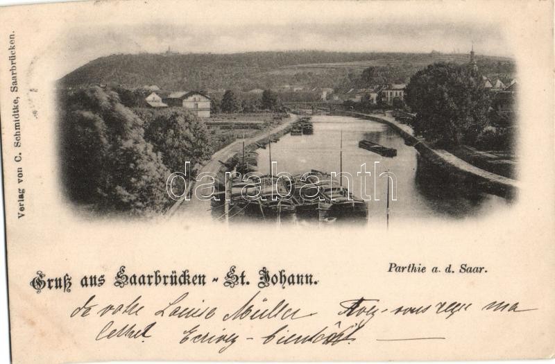 1898 Saarbrücken - St. Johann, Parthie an der Saar. Verlag von C. Schmidtke, 1898 Saarbrücken - St. Johann, folyópart (ázott), 1898 Saarbrücken - St. Johann, Riverside (wet damage)