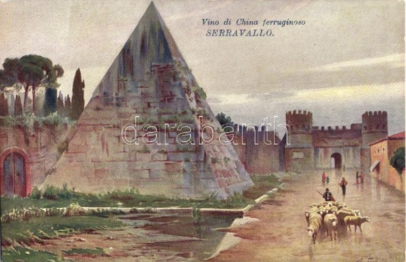 Rome, Roma; Piramide di Caio Cestio / pyramid; Serravallo Vino di China advertisement, artist signed