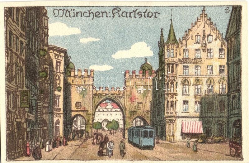 München, Karlstor / gate, L.K.M. Plein Air litho, artist signed