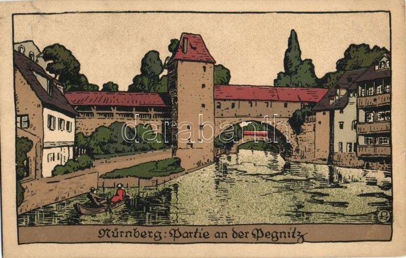 Nürnberg, Pegnitz; Künstler-Stein-Zeichnung litho, artist signed