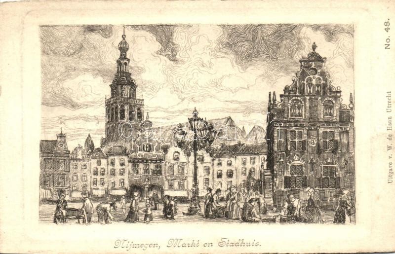 Nijmegen, Markt, Stadhuis / market, town hall, etching