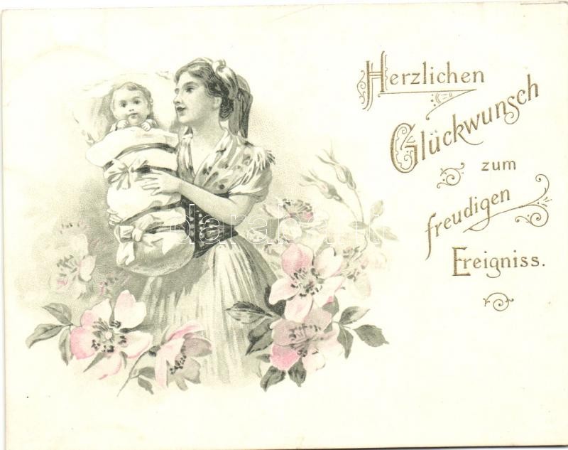 1899 Birth greeting card, baby, floral litho; minicard (11,5 cm x 9 cm) (non PC), 1899 Kisbaba születési üdvözlő lap, floral litho; mini lap (11,5 cm x 9 cm) (non PC)