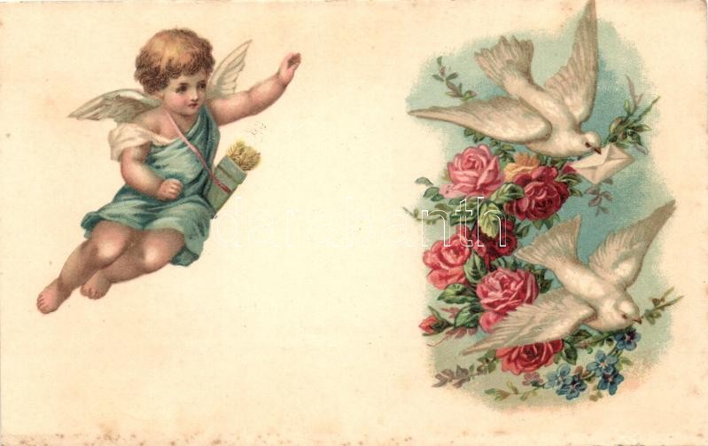 Love greeting card, doves, roses, Cupid, litho, Szerelmes üdvözlő lap, galambok, rózsa, Kupidó, litho