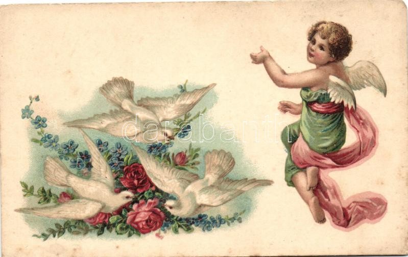 Love greeting card, doves, roses, Cupid, litho, Szerelmes üdvözlő lap, galambok, rózsa, Kupidó, litho