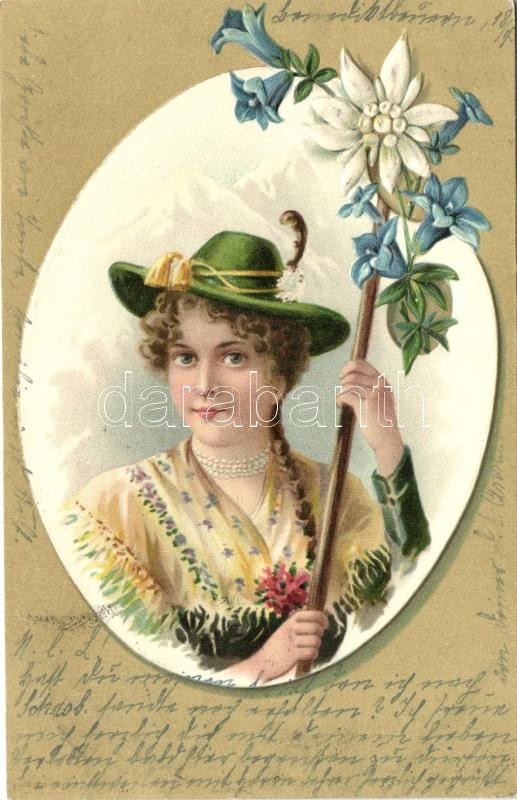Osztrák folklór, hölgy, Emb. floral litho, Austrian folklore, lady, Emb. floral litho