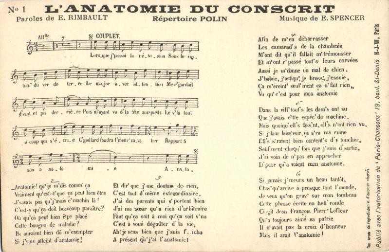 L'Anatomie du Conscrit, Musique de E. Spencer, sheet music, 'Paris-Chansons'