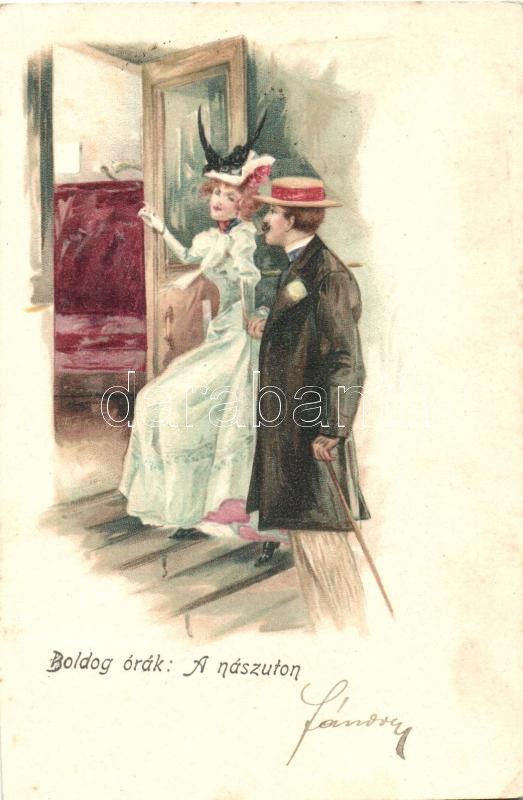 On Honeymoon, romantic couple, litho, Boldog órák: A nászúton, romantikus pár, litho