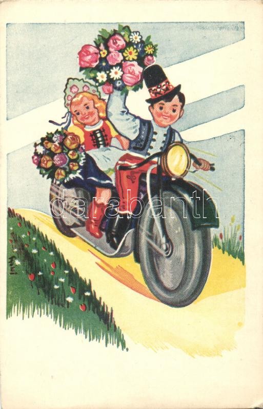 Húsvét, magyar folklór, gyerekek motoron, Easter, Hungarian folklore, children on motorcycle