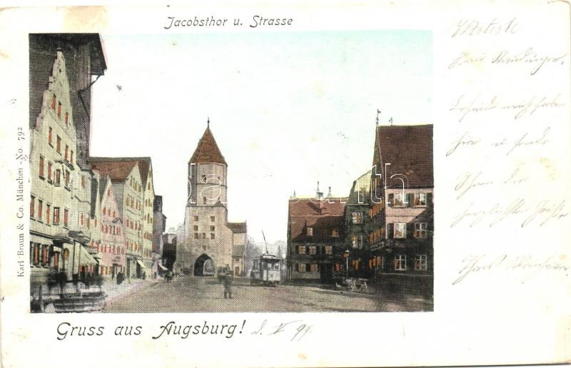1899 Augsburg, Jacobsthor und Strasse / tower, street