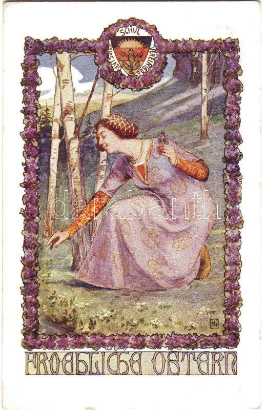Easter greeting card, Lady, floral 'Deutsche Schulverein' Nr. 46, Húsvét, hölgy, virágok 'Deutsche Schulverein' Nr. 46