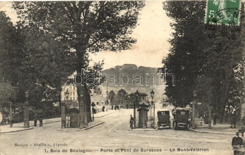 Paris, Bois de Boulogne park, Suresnes port and bridge, automobiles