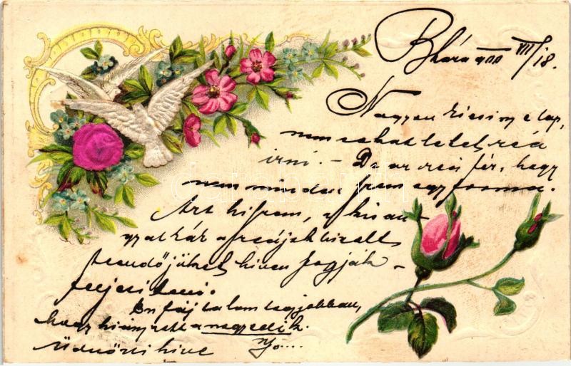 Virágos üdvözlő lap, Emb. litho silk card, Floral greeting card, Emb. litho silk card