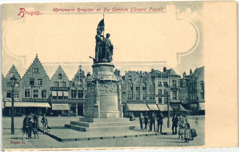 Bruges, Monument Breydel and Da Coninck, main square, Cafe Royal, Hotel le Panier d'or, shop of H. Vogel