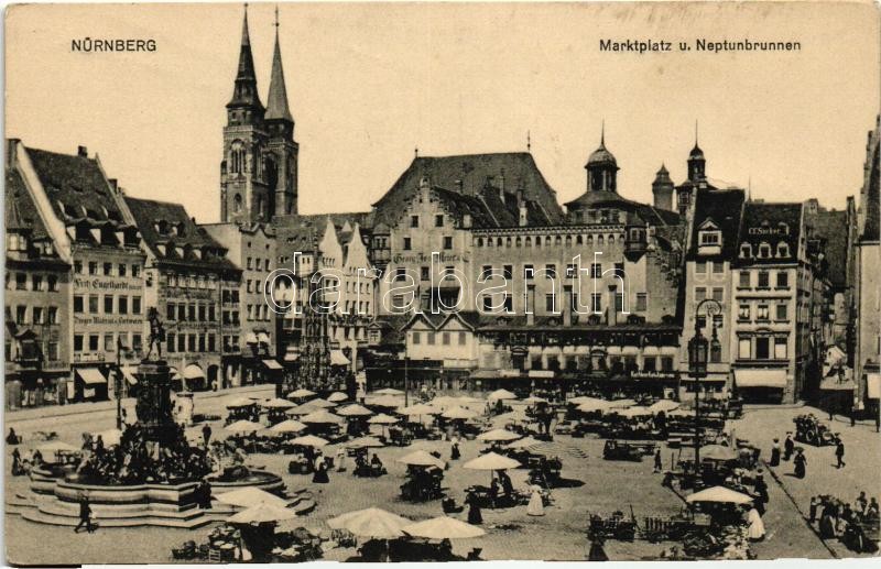 Nürnberg, Marktplatz, Neptunbrunnen / market place, fountain, shop of Georg Jos. Meier, C.C. Suc ker and Fritz Engelhardt