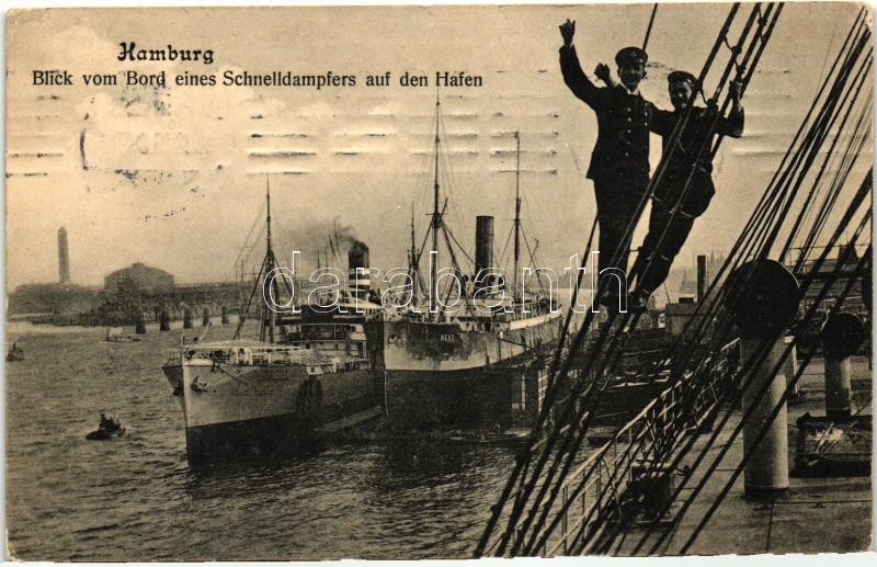 Hamburg, port, view from the bord of a steamship, sailors