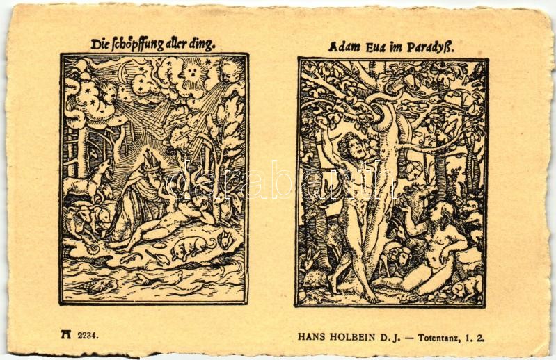 Totentanz 1. 2.; Die Schöpflung aller ding, Adam Eua im Paradyss; F.A. Ackermann's Kunstverlag Serie 219. No. 2234. s: Hans Holbein