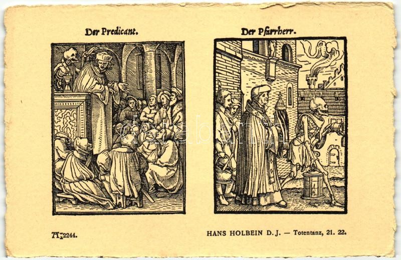 Totentanz 21. 22.; Der Predicant, Der Pfarrherr; F.A. Ackermann's Kunstverlag Serie 219. No. 2244. s: Hans Holbein