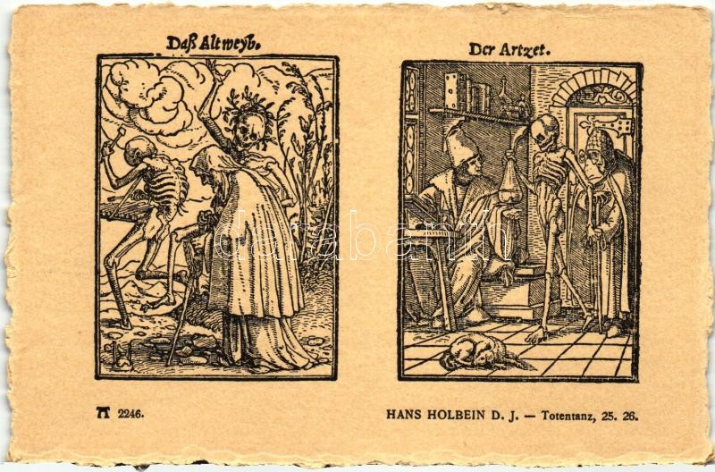 Totentanz 25. 26.; Das Altweyb, Der Artzet; F.A. Ackermann's Kunstverlag Serie 219. No. 2246. s: Hans Holbein