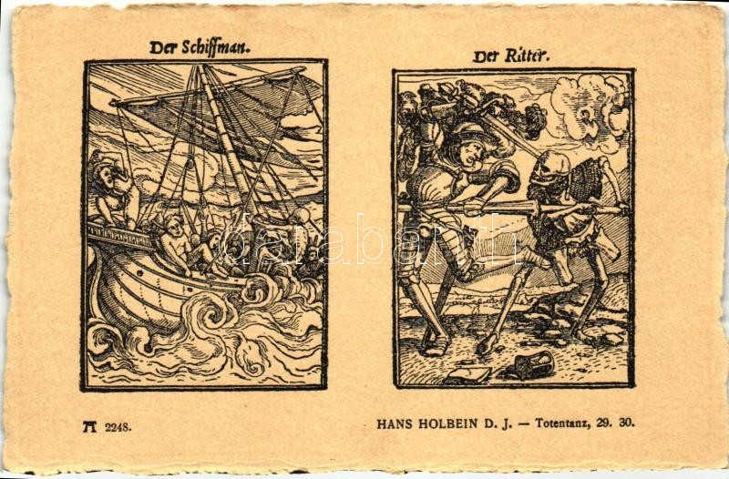 Totentanz 29. 30.; Der Schiffman, Der Ritter; F.A. Ackermann's Kunstverlag Serie 219. No. 2248. s: Hans Holbein