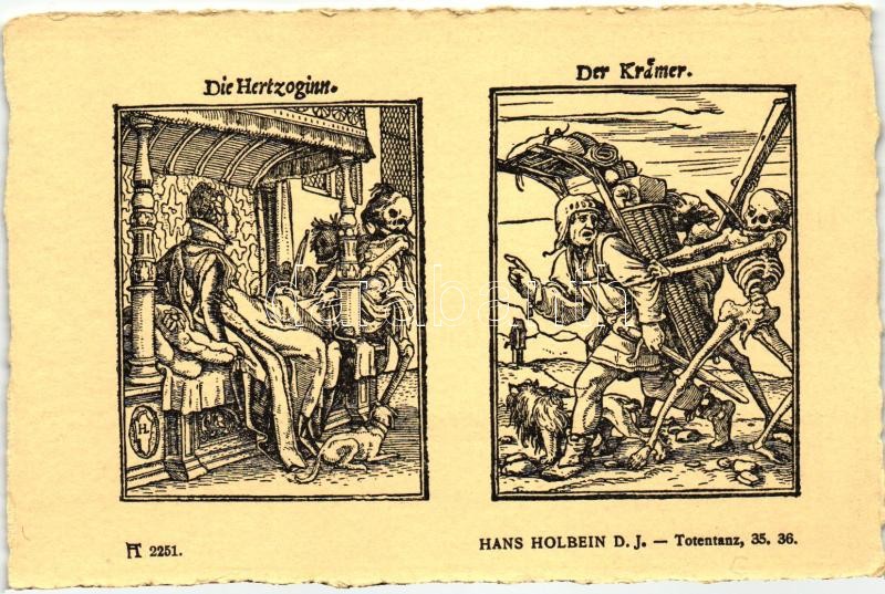 Totentanz 35. 36.; Die Hertzoginn, Der Krämer; F.A. Ackermann's Kunstverlag Serie 219. No. 2251. s: Hans Holbein