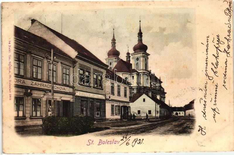 Stará Boleslav, street, shop of Emanuel Styblan; published by Em. Styblan