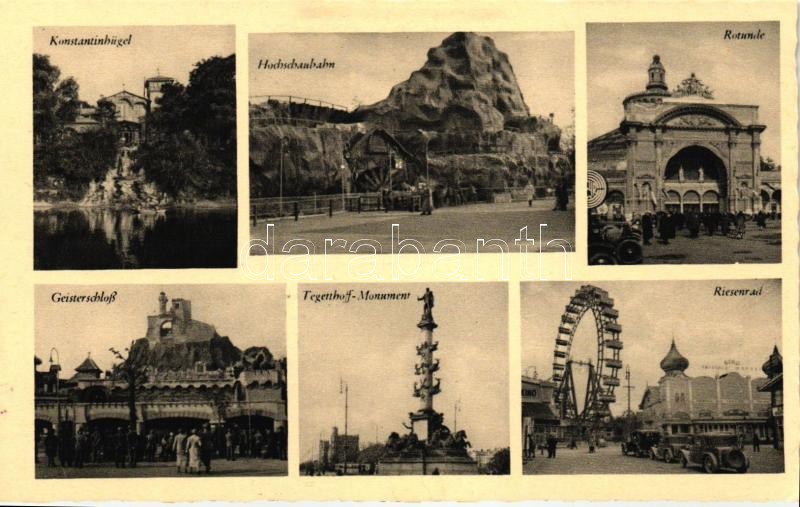 Vienna, Wien; Konstantinhügel, Hochschaubahn, Rotunde, Geisterschloss, Tegetthoff-Monument, Riesenrad