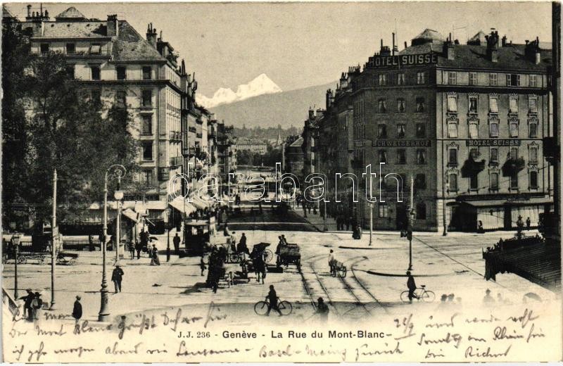 Geneva, Geneve; Rue du Mont Blanc, Hotel Suisse / street, Swiss Hotel, tram