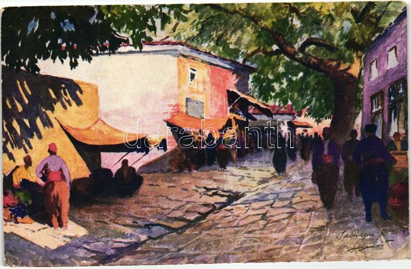 Thessaloniki, Salonique; market in the high town, artist signed