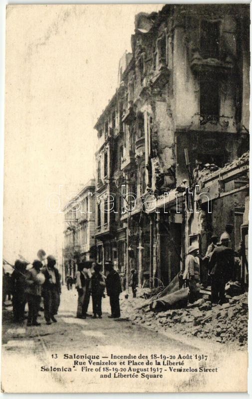 1917 Thessaloniki, Salonique; great fire, Venizelos street, Liberty square, destroyed buildings