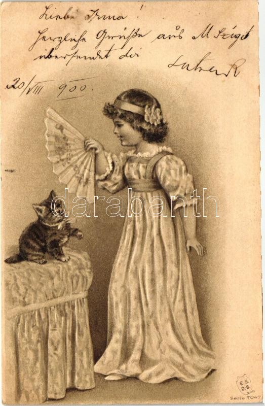 Girl, cat, E.S.D.B. Serie 7047. Emb. litho