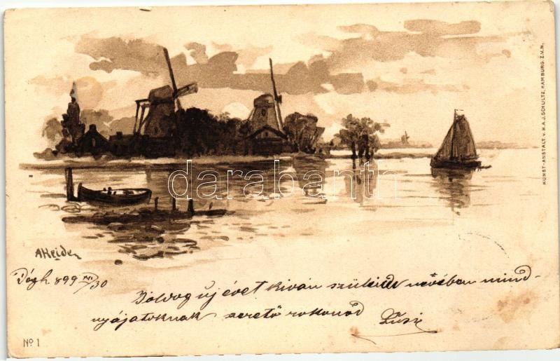 1899 Windmill, sailing ships, Kunst-Anstalt v. H.A.J. Schultz No. 1. litho s: A. Heide