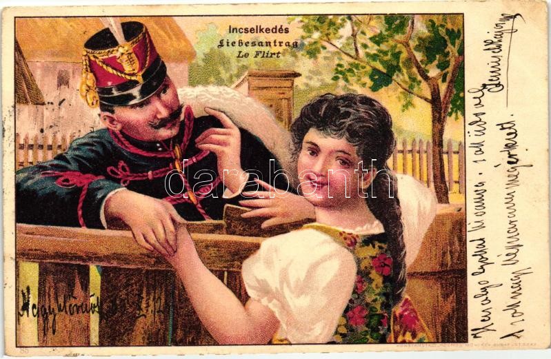 Romantic humorous postcard, soldier, folklore, litho, Incselkedés, litho