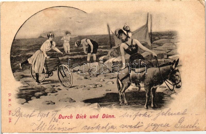 Durch Dick und Dünn / Through thick and thin, ladies, bicycle, donkey, D.H.C. No. 184.