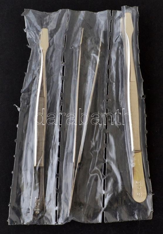 Pinzette, vernickelt, 120 mm lang, in transparenten Abreißschläuchen 2034, Bélyegcsipesz 2034, 12cm egyenes lapátvégű, Stamp Tongs, nickel-plated, length 4 3/4