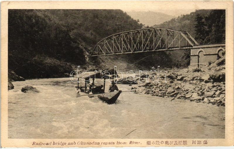 Hozu river, Okunodan rapids, boat, railway bridge, Hozu folyó, Okunodan zugó, csónak, vasúti híd