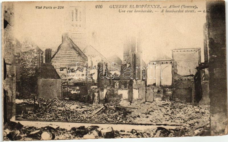 Albert, Somme, bombarded street, World War I, from a postcard booklet, Albert, Somme, lebombázott utca, I. világháború, képeslapfüzetből