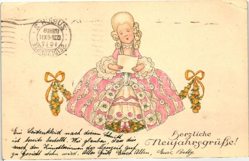 Újév, Barokk lány, M. Munk Wien Nr. 1145., New Year, Baroque girl, M. Munk Wien Nr. 1145.