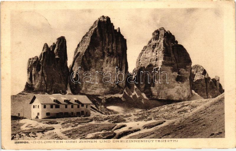 Tre Cime di Lavaredo and the resthouse in the Dolomites, Dolomiten - Drei Zinnen und Dreizinnenhütte