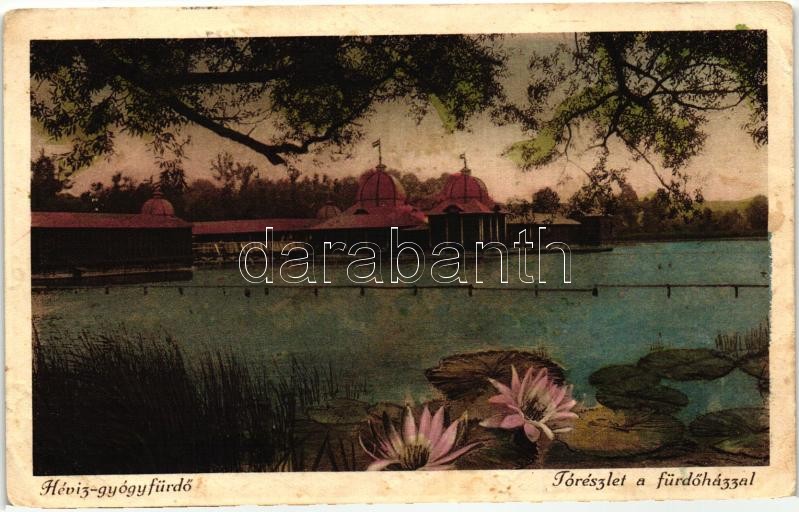 Hévíz-gyógyfürdő, lake with the bathing house, lotus flower, Hévíz-gyógyfürdő, tórészlet a fürdőházzal, lótuszvirág