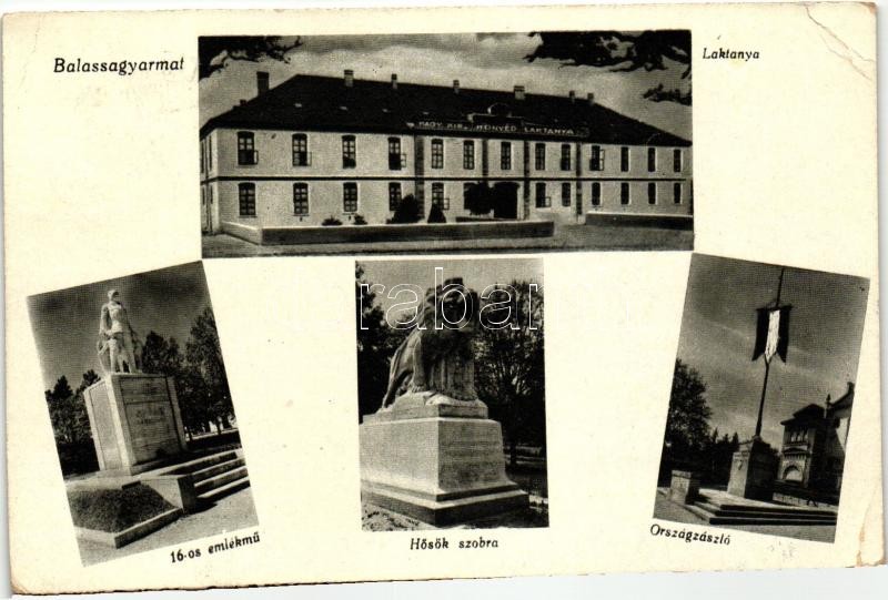 Balassagyarmat, barracks, monument of '16, Heroes statue, National flag, Balassagyarmat, laktanya, 16-os emlékmű, Hősök szobra, Országzászló