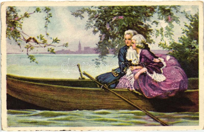 Italian art postcard, romantic couple in a rowboat, G.O.M. No. 3358