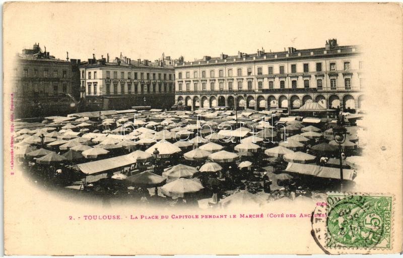 Toulouse, Place du Capitole, Marche, restaurant et cafe de la Paix / square, market, restaurant, cafe, shops