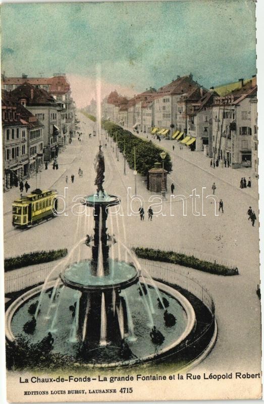 La Chaux-de-Fonds, Grande Fontaine, Rue Leopold Robert / fountain, street, tram