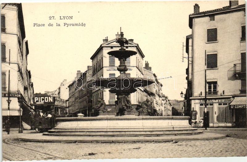Lyon, Place de la Pyramide, Picon, Tabac / square, shops, fountain, omnibus