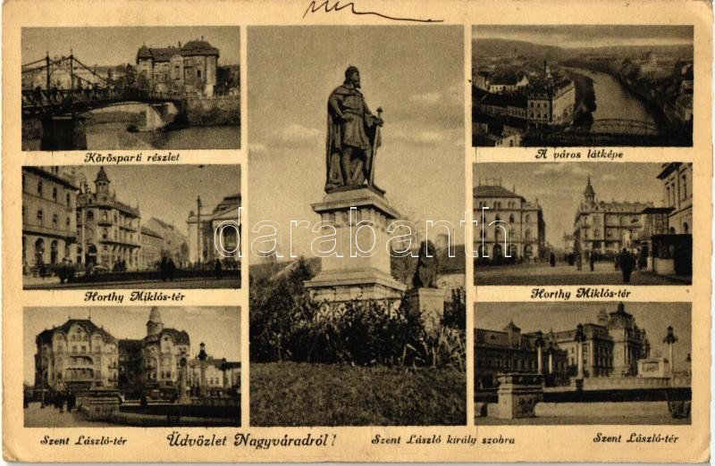 Nagyvárad, Kőröspart, Horthy Miklós és Szent László tér, Szent László király szobra, Oradea, river bank, squares, statue