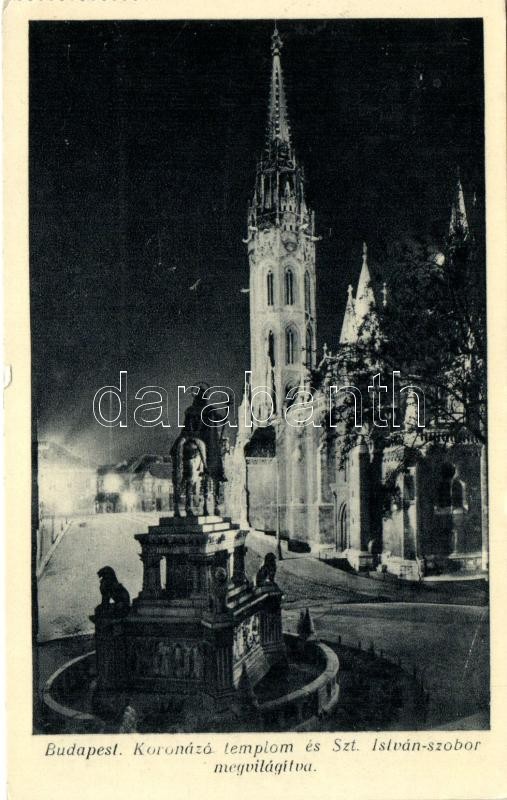 Budapest I. Koronázó templom, Szent István szobor, este