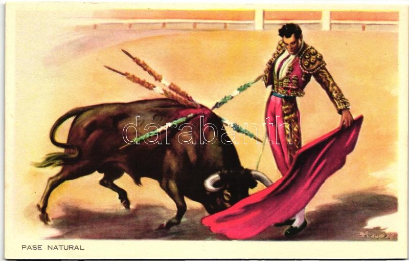 Pase Natural  / bull fight, artist signed, Bikaviadal, szignós