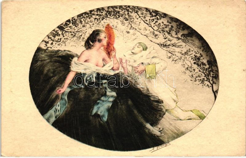 Italian art postcard, Erotic lady with clown, E.K. &amp; C. Serie 1960.  artist signed, Olasz művészlap, erotikus hölgy bohóccal, E.K. &amp; C. Serie 1960. szignós