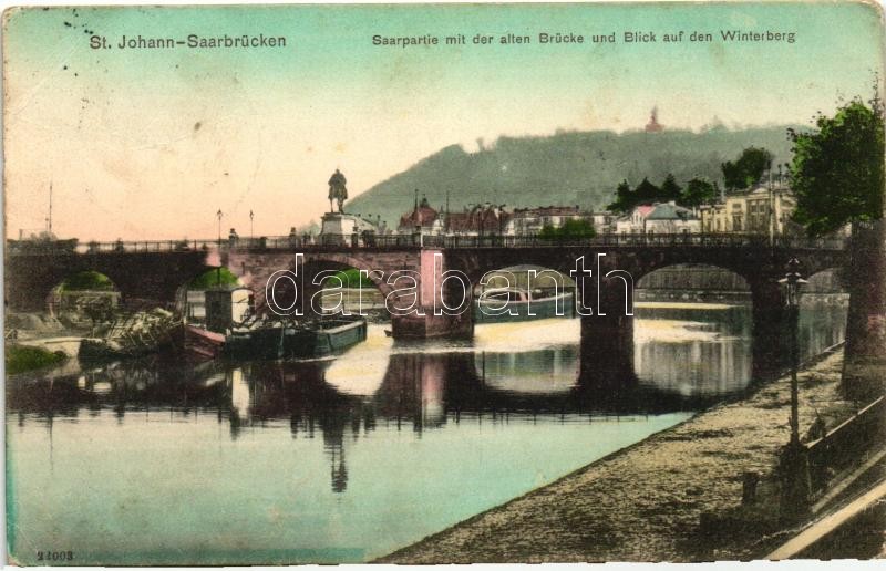 St. Johann, Saarbrücken; Saarpartie, Alten Brücke, Winterberg / river, bridge, barges